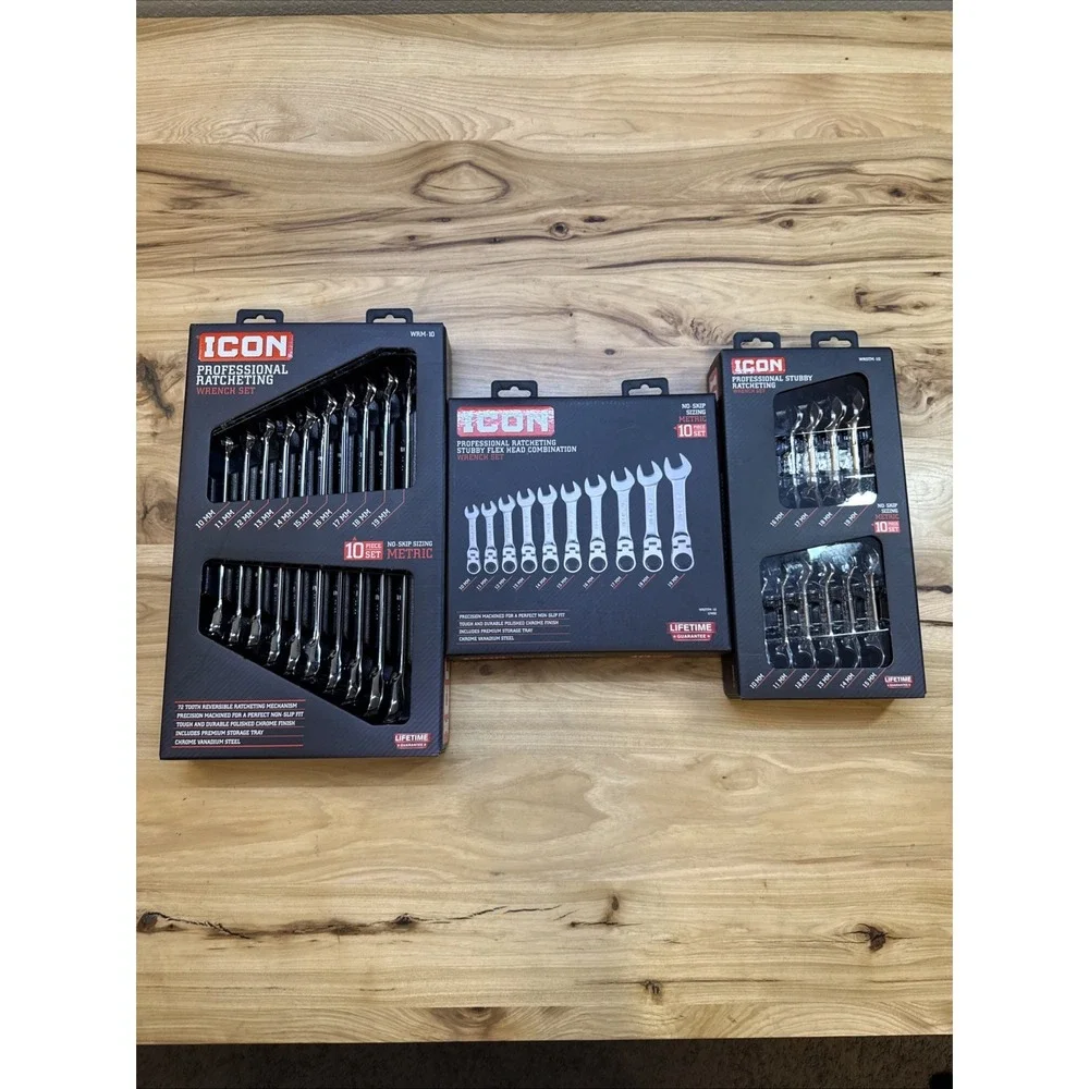 Icon Tools Ratcheting Wrench Set Bundle Of 3 - Professional, Flex Head, Stubby